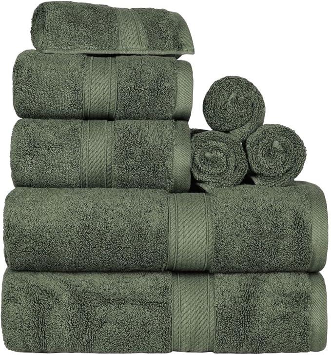 BLUENILEMILLS Madison Egyptian Cotton Towels, Towel Set for Bathroom, Shower, Hotel, Plush, 800 GSM, Highly Absorbent and Ultra-Soft Towels, Bath Essentials, 8 Piece Assorted Towel Set, Forest Green