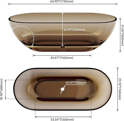 SJ STAR&JANE 69" Solid Surface Freestanding Bathtub Stone Resin Oval Soaking Tub Stand Alone Tub with Pop-up Drain Transparent Sepia