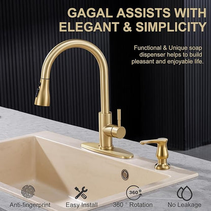 GAGALIFE Kitchen Sink Soap Dispenser Gold, Built in Soap Dispenser with 17 OZ Bottle, Refill from The Top, Liquid Dispenser for Kitchen Sink