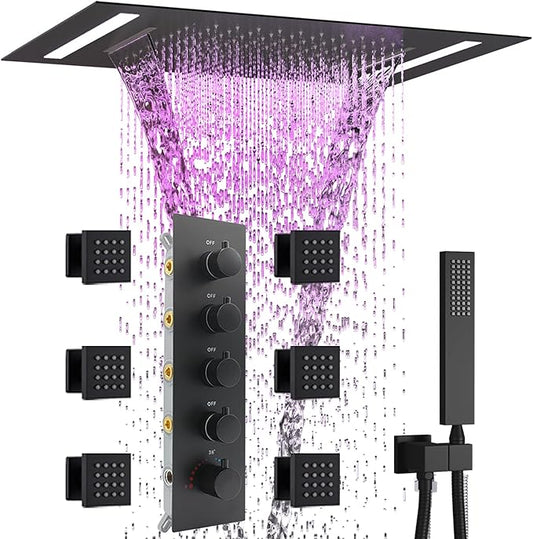 Multi Full Body Thermostatic Luxury Spa Shower System And 14x20 Inch LED 4 Functions Faucet Set, Rainfall Spray Waterfall Can Be Turned On Simultaneously,Matte Black