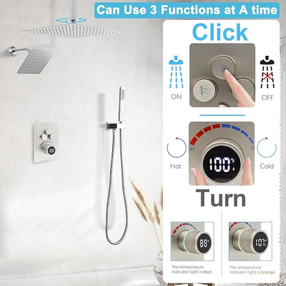 Shower System 12 Inches & 6 Inches Rainfall Shower Head System for Bathroom 3 Function Shower System Set Shower Faucet Concealed Installation Valve（Brushed Nickel）