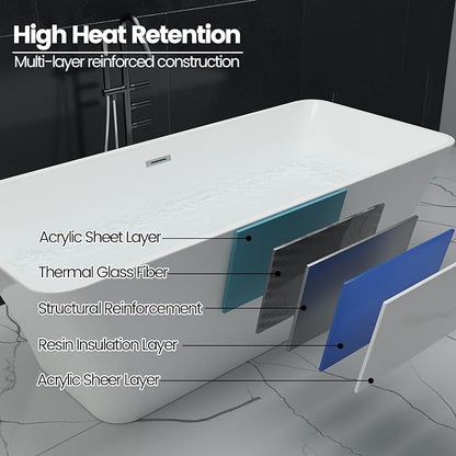 66'' Acrylic Freestanding Bathtub, Deep Soaking Tub with Non-Slip Base, cUPC Certified Free Standing Tub, Chrome Drain Bath Tub, Modern Tub for Bathrooms, White