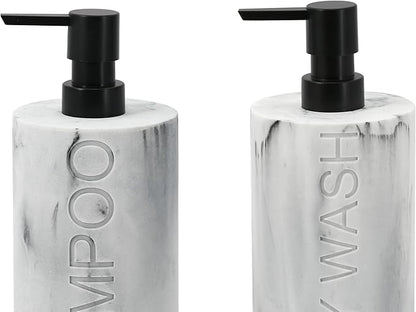 Marble Resin 2 Piece Shampoo and Body Wash Dispenser Set, Luxurious Refillable Pump Bottles with Matte Pump Top and Embossed Text, Durable Design for Bathroom and Shower