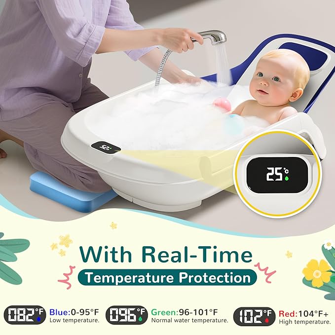 Baby Bathtub,5-in-1 Reclining Baby Bathtub,Baby Bath Tub with Real-Time Thermometer, Adjustable Recline for Custom Comfort for Newborn to Toddler- Ages 9 to 36 Months,Portable Newborn Travel Bath tub