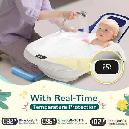 Baby Bathtub,5-in-1 Reclining Baby Bathtub,Baby Bath Tub with Real-Time Thermometer, Adjustable Recline for Custom Comfort for Newborn to Toddler- Ages 9 to 36 Months,Portable Newborn Travel Bath tub