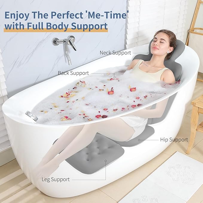 Bath Cushion, Full Body Bathtub Pillow with 160 Suction Cups, Bath Mat for Head and Neck Support, with Laundry Bag (Dark Gray, 56.2" x 16.2")