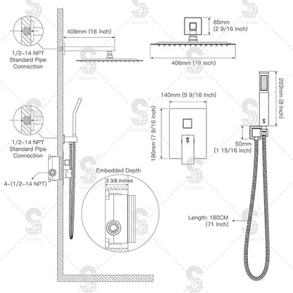 SR SUN RISE ORB Square Rainfall Shower Head and Handle Set, Wall Mounted Shower Fixtures, Metal Shower Faucet Trim Repair Kits (With Shower Valve) 10 Inches