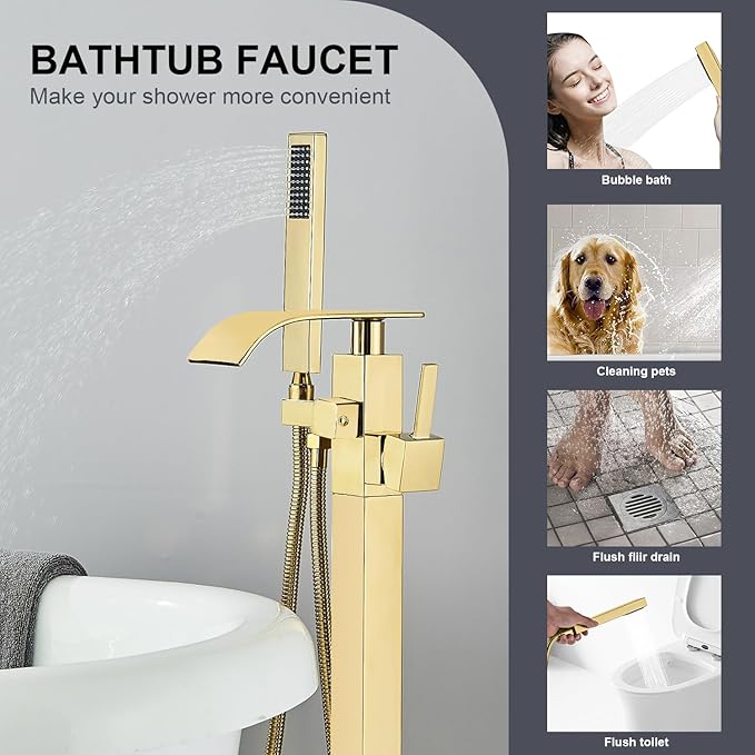 Senlesen Bathroom Tub Filler Faucet Floor Mounted Bathtub Shower Faucet Waterfall Spout Free Standing Tub Mixer Tap with Handheld Sprayer Gold Polished