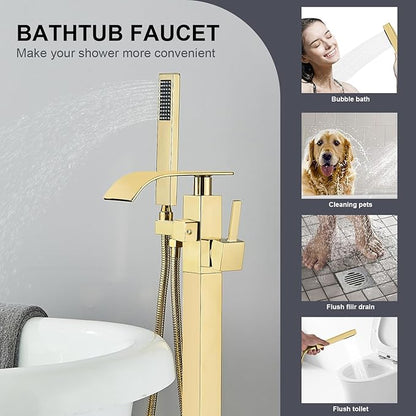 Senlesen Bathroom Tub Filler Faucet Floor Mounted Bathtub Shower Faucet Waterfall Spout Free Standing Tub Mixer Tap with Handheld Sprayer Gold Polished