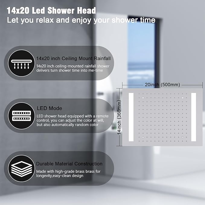 Rain Shower Head System with 14x20 Inch Ceiling Mount LED Head & 6 Inch Wall Head and Handheld Shower 3 Way Pressure Balance Valve Kit,Brushed Nickel