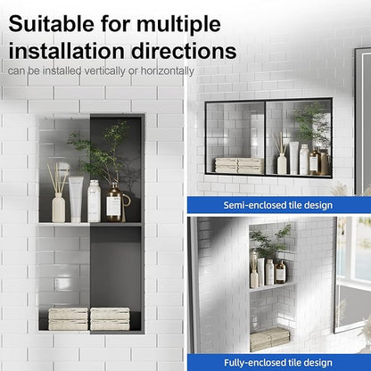 Bathbliss Shower Niche, No‑Tile Recessed Wall Niche, 11.18"x22.3" SUS304 Stainless Steel Double Shelf, Leak‑Proof Waterproof for Bathroom Storage, Matte Black