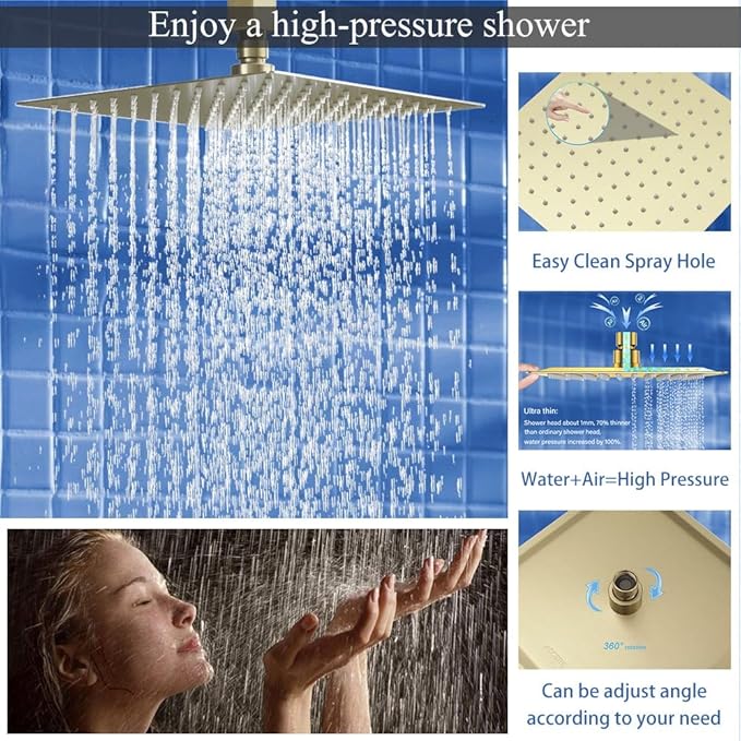 Shower Faucet Set Brushed Gold Shower System, Knob Switch Diverter Shower Faucet with High Pressure Handheld Spray, Ceiling Mount 12 Inch Shower Head with 6 Inch Wall Mount Shower Head