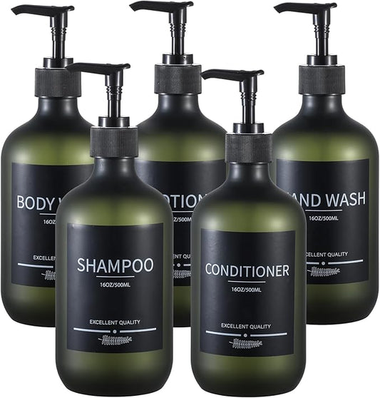Plastic Refillable Shampoo and Conditioner Bottles with Pumps and Labels (5-Pack, Green)