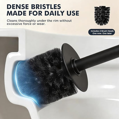 Toilet Brush and Holder Set, Stainless Steel Toilet Bowl Brush with 16.5" Long-Reach Handle, Tilted Canister with Concealed Brush Head & Anti-Splash Shield for Bathroom Cleaning, 1 Spare Head Included
