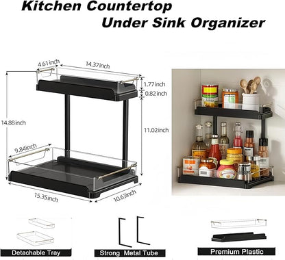 heart & home 1-Pack Under Sink Storage Organizer for Kitchen & Bathroom Cabinets with Removable Washable Tray, Tool-Free Assembly – Multi-Purpose for Kitchen Countertop, Vanity, & Laundry Room，Black