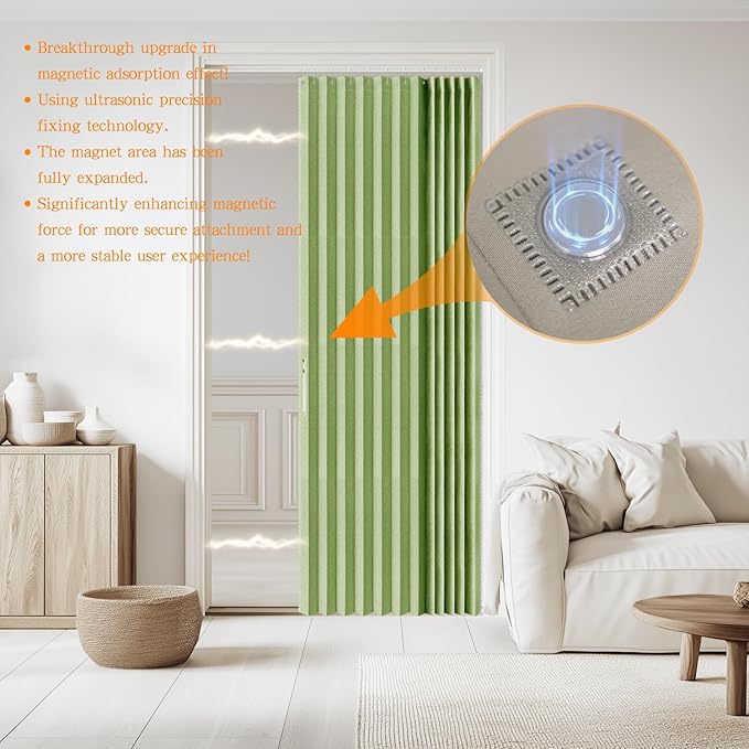 Accordian Door Curtain, 100% Blackout Folding Magnetic Doorway Curtains,Linen Style Closet Doors,for Room Divider,Privacy Protection（W72 x L78,Green,1 Panel）