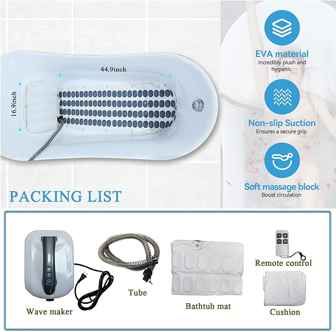 Wavemat Bathtub Massage Cushion,6-Speed Bubbles Wave Mat for Tub,Home Spa Bubble Bath Massager with Inflatable Pillow