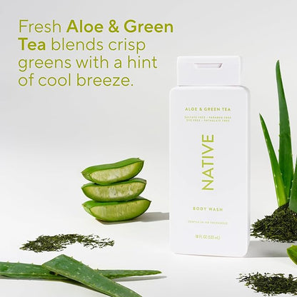 Native Body Wash Contains Naturally Derived Ingredients | For Women & Men, Sulfate, Paraben, & Dye Free Leaving Skin Soft and Hydrating |Aloe & Green Tea 18 oz