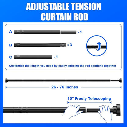 Ausemku Shower Curtain Rod Tension - 26-76 Inch Never Rust Non-Slip Spring Tension Curtain Rod No Drilling Stainless Steel Curtain Rod Use Bathroom Kitchen（Black）