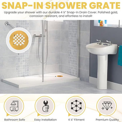4 ¼” Polished Gold Snap-in Shower Drain Cover - Polished Brass Replacement - 4.25" OD Shower Drain Strainer - Easy Install - Premium Round Shower Drain Cover - Solid Brass Construction