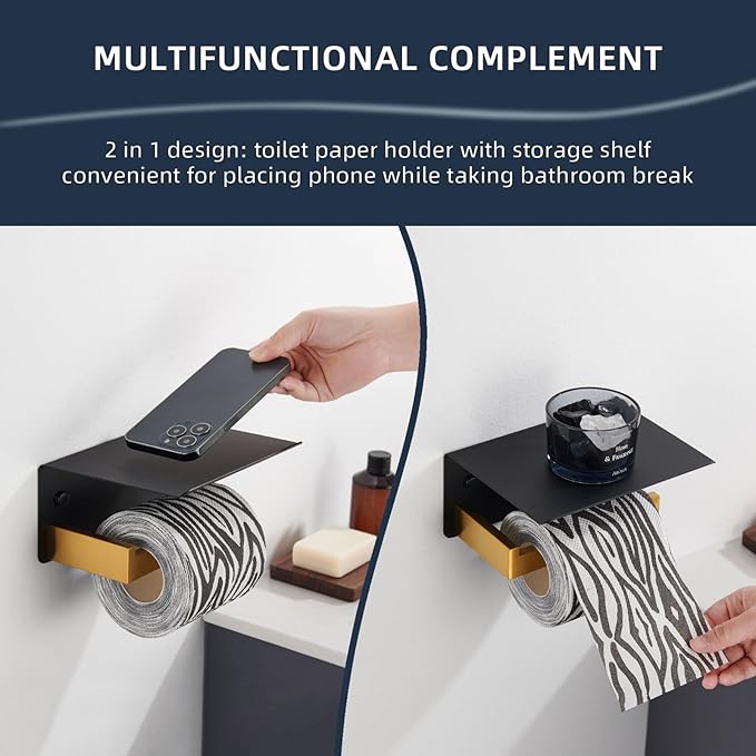 Angle Simple Toilet Paper Holder with Shelf, 304 Stainless Steel Bathroom Tissue Roll Holder for Wall Black and Gold