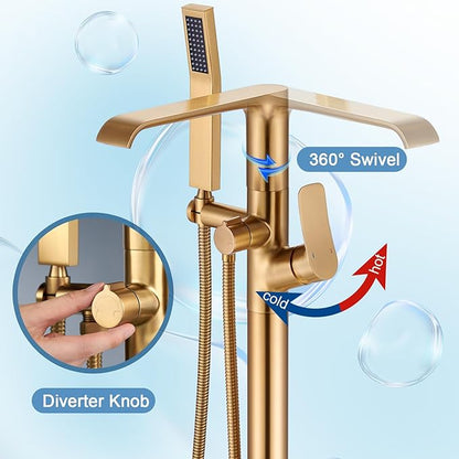 Floor Mount Tub Faucet Gold: Freestanding Bathtub Faucet with Handheld Spray Head - Gold Tub Filler Shower Faucet Set 360 Degree Swivel Waterfall Spout - Beelee