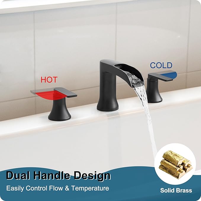 Solid Brass Waterfall Bathtub Faucets Set, 3 Hole Matte Black Tub Faucet 2 Handle, High Flow Roman Tub Faucets Widespread 6-16 Inch Deck Mount