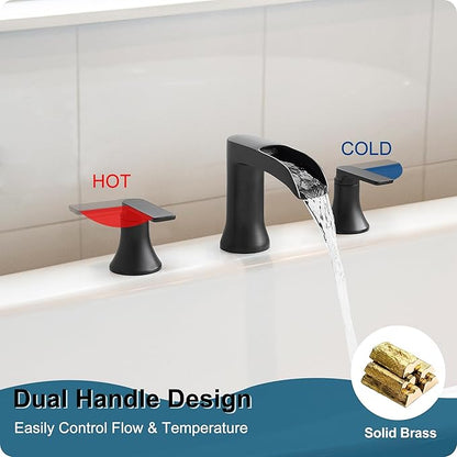 Solid Brass Waterfall Bathtub Faucets Set, 3 Hole Matte Black Tub Faucet 2 Handle, High Flow Roman Tub Faucets Widespread 6-16 Inch Deck Mount