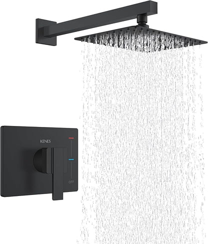 KENES Matte Black Shower Faucet with 10-Inch Shower Head and Handle Set, Square Shower Faucet Set Bathroom Rainfall Shower System Wall Mount, KE-6024B-2 (Shower Valve Included)