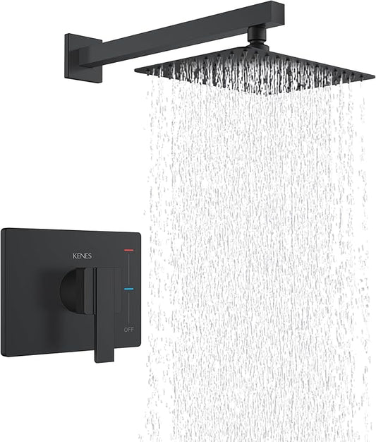 KENES Matte Black Shower Faucet with 10-Inch Shower Head and Handle Set, Square Shower Faucet Set Bathroom Rainfall Shower System Wall Mount, KE-6024B-2 (Shower Valve Included)
