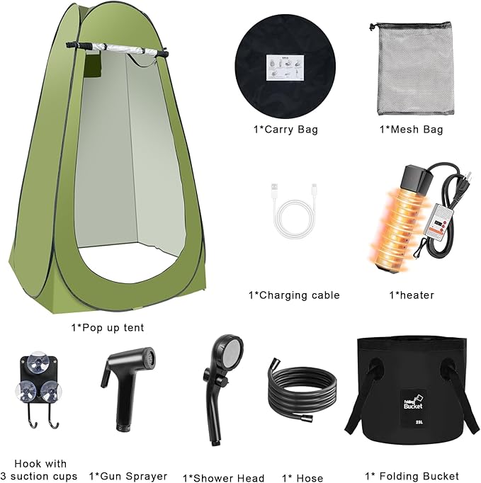 Portable Hot Shower Tent for Camping,Pop Up Privacy Tent with Rechargeable Camping Shower with 2000w Immersion Water Heater