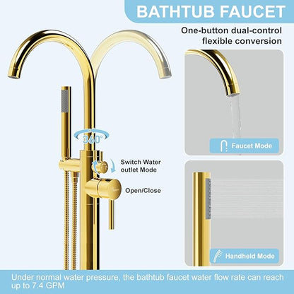 Freestanding Bathtub Faucet, Floor Mount Bathtub Faucet with 2 Water Outlet Modes, Swivel Gooseneck Spout with Hand Shower, Brass Single Handle Tub filler, Max Flow Rate 7.4 GPM, Gold
