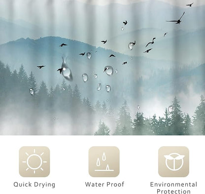 Riyidecor Rustic Green Mountain Shower Curtain for Bathroom Nature Woodland Tree Scenery Waterproof Cloth Fabric Shower Curtains，Alpine Landscape Natural Mens Bathroom Decor 12 Pack Hooks 60Wx72H Inch