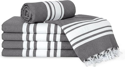 Turkish Cotton Beach Towel Pack of 6 & 1 Boho Tote Bag - Hammam Towels - No Shrink - Quick Dry - Lightweight - Sand Free - Camping - Pool - Tanning - Beach Essentials - Gray (40"x70")