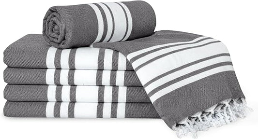 Turkish Cotton Beach Towel Pack of 6 & 1 Boho Tote Bag - Hammam Towels - No Shrink - Quick Dry - Lightweight - Sand Free - Camping - Pool - Tanning - Beach Essentials - Gray (40"x70")
