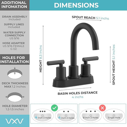 VXV Bathroom Sink Faucet 4 Inch 2 Handle Centerset Utility Lavatory Vanity Modern 360 Rotating Black Water Faucet with Pop-up Drain Stopper Assembly and Supply Lines Fits 2 Hole