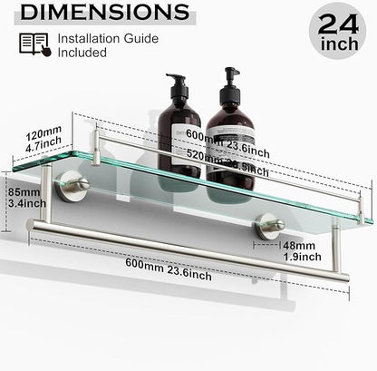 24-Inch Tempered Glass Bathroom Shelf with Towel Bar - Brushed Nickel Towel Holder Modern SUS304 Stainless Steel, Wall Mount Towel Hanger