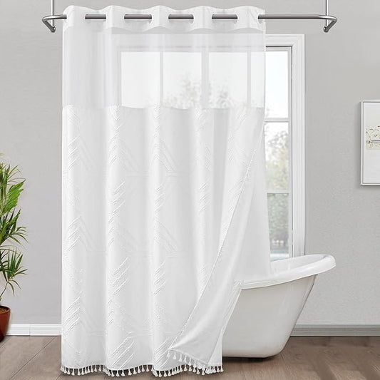 ROSERY No Hook Shower Curtain with Snap in Fabric Liner Set, Boho Farmhouse Jacquard Tufted Geometric Striped Shower Curtain for Bathroom with Tassel, Geometric Pattern, 71" W x 74" L