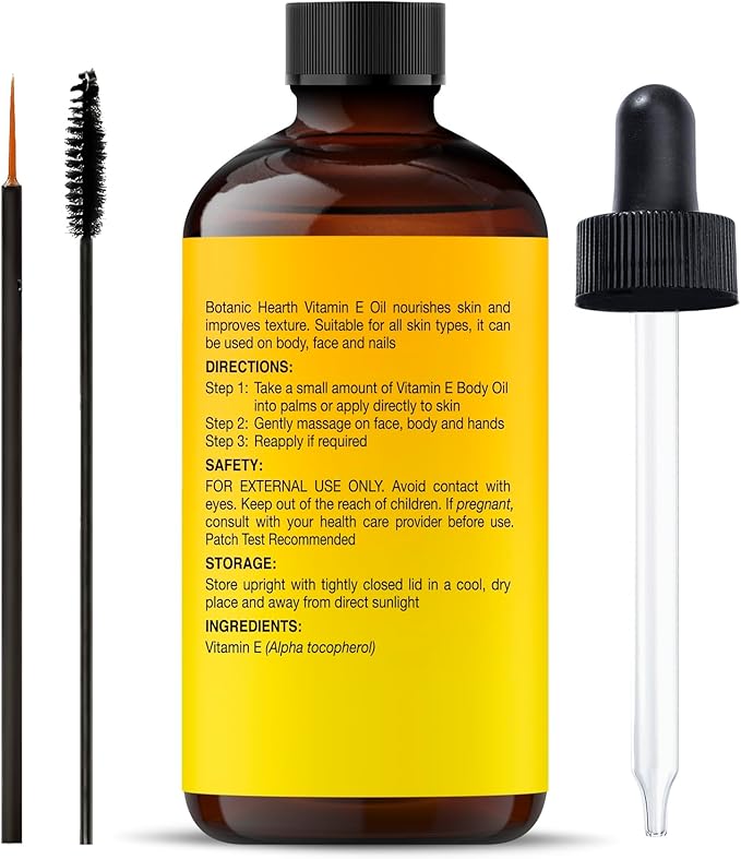 Botanic Hearth Vitamin E Oil (Glass Bottle 2 Fl Oz) | 100% Pure and Natural Oil for Growth of Nails, Hair, Eyebrows & Eyelashes | 35,000 Iu | Hair & Body Oil with Eyebrow & Eyelash Brush