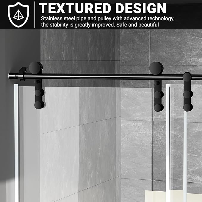 Chabatree Shower Door 60" W x 76" H Frameless Sliding Shower Door,Frameless Shower Door with Sealing Strip and Waterproof Handle,5/16"(8mm) Clear Tempered Glass,Stainless Steel Hardware,Black