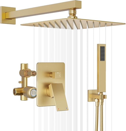Gold Shower System, Shower Faucet Set with 10" Rain Showerhead and Handheld Combo Spray, Bathroom Wall Mounted High Pressure Shower Combo Set Included Valve and Trim, Brushed Gold