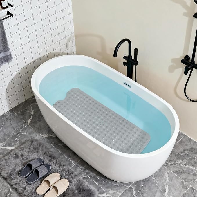 Anti-Slip Bathtub Shower mat, 39.3×15.7 inch（Approximately 100 × 40cm） Soft Oversized Machine Washable Non-Slip Bathtub mat with Drainage Holes, Bathroom Floor Suction Cup.（1-Clear Gray）