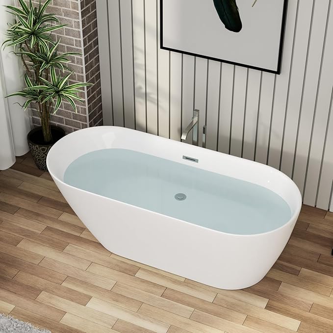 Mocoloo 67" Acrylic Freestanding Bathtub Contemporary Soaking White Bath Tub with Gold Overflow and Drain