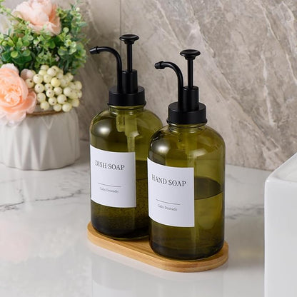 Glass Soap Dispenser with Pump, Dish and Hand Soap Dispenser for Kitchen Bathroom Set, Clear Glass Dispenser Set of 2 Pack with 18 Stickers Funnel Bamboo Tray 500ml 18oz Green