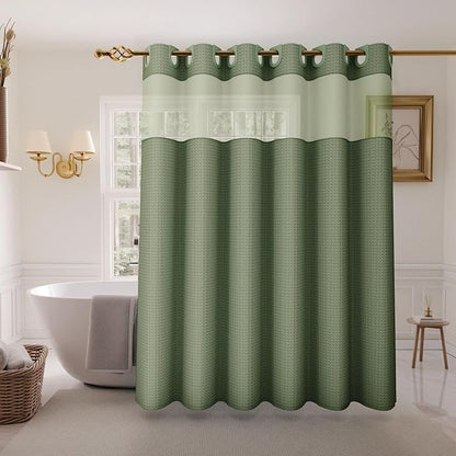 Inhousolu Stall No Hook Shower Curtain with Snap in Fabric Liner Set Waffle Weave 230GSM Weighted Hem, Waterproof & Washable Bathroom Curtain Spa Luxury with Mesh Top Window 60" W x 72" L Sage Green