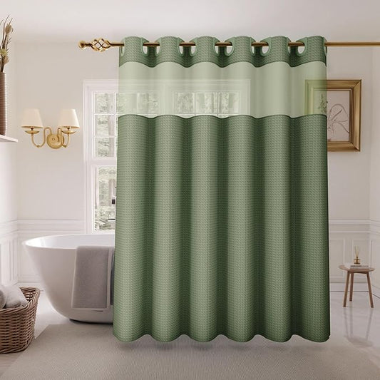 Inhousolu Long No Hook Shower Curtain with Snap in Fabric Liner Set Waffle Weave 230GSM Weighted Hem, Waterproof & Washable Bathroom Curtain Spa Luxury with Mesh Top Window 72" W x 78" L Sage Green