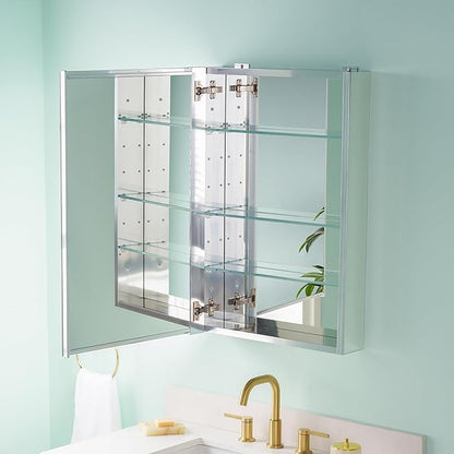 WELLFOR 20" x 30" Bathroom Medicine Cabinet, Anodized Chrome Aluminum Frame, Medicine Cabinet with Adjustable Glass Shelves, Bathroom Cabinet with Reverse Door Installation, Surface or Recessed Mount