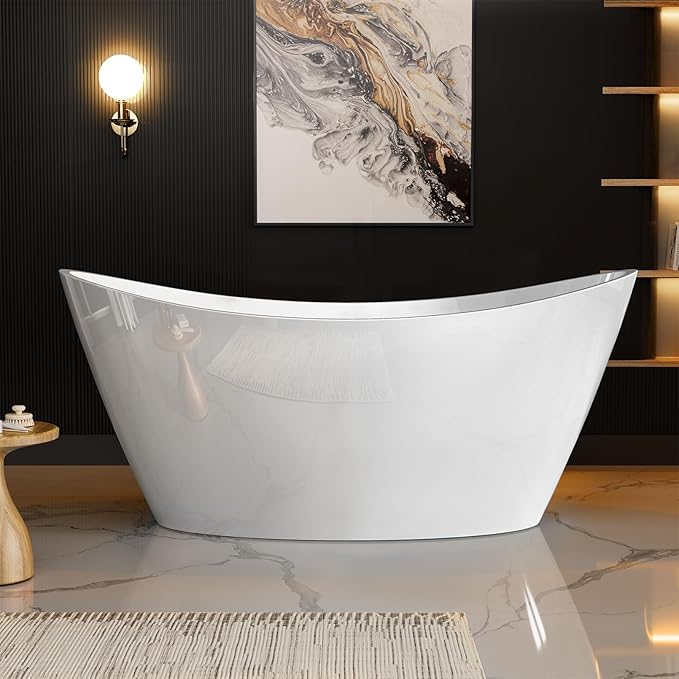 BATHTUB 67" Free Standing Tub, Luxury Acrylic Soaking Tub, Modern Stand Alone Tub with Ergonomic Design, Glossy White, Brushed Nickel Drain & Overflow Included