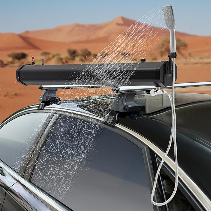 Portable Camping Shower Solar Portable Shower Water Tank for Camping Self-Pressurized Water Tank for SUV Overland Roof Rack 5.58ft Pipe 1.6bar 60℃/140℉ (20L)