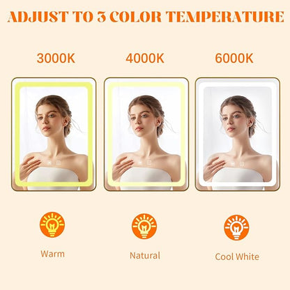 LED Bathroom Mirrors with Lights,24" x 36" Gold Square LED Mirror for Bathroom,Fogless,3 Colors Dimmable, Touch Sensor
